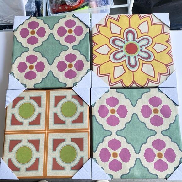 Wall Art Set of 4 Canvas Geometric Canvas Art Spanish Tile Design Vintage Wall - Picture 2 of 5